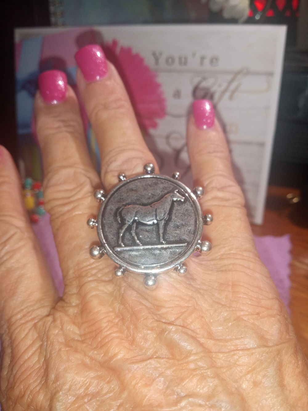 Silver-Tone Horse Medallion Statement Ring/Scarf Ring- Women Jewelry